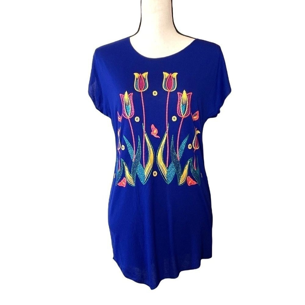 Vintage Custo Barcelona blue floral applique set top and bottom women Medium - Picture 2 of 11